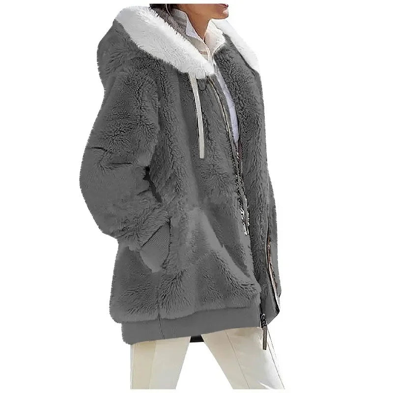 Herbst-Winter-Mode Damenmantel Neu Lässig Kapuzenreißverschluss Damenbekleidung Kaschmir Damen-Fleecejacke Einfarbige Damenmäntel
