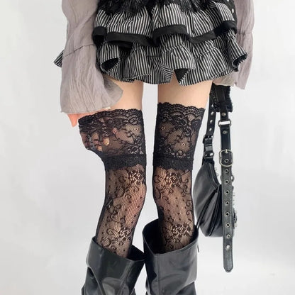 Women's Sexy Lace Floral Fishnet Thigh High Stockings | JK Lolita Over Knee Nylon Mesh Socks