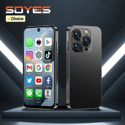 Smartphone with app icons displayed on screen, alongside a black phone case on a dark background with 'SOYES' branding.