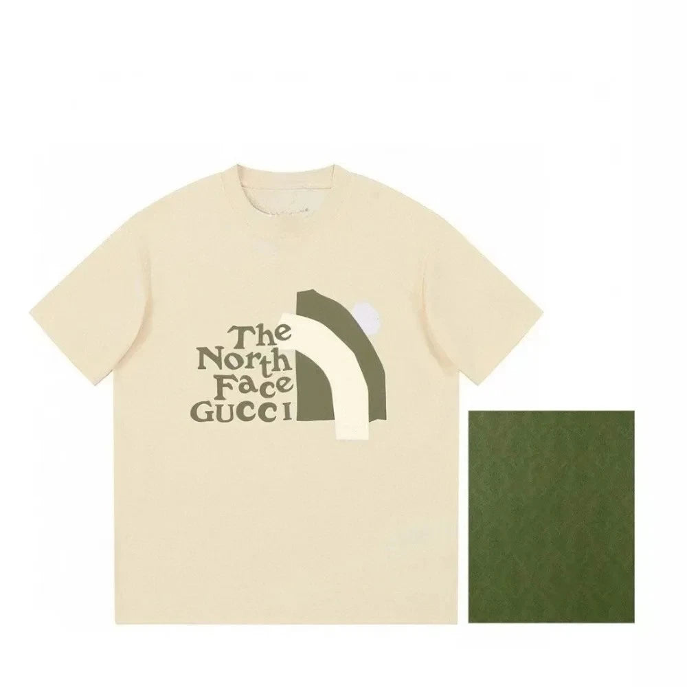 Beige t-shirt with 'The North Face Gucci' logo on a white background