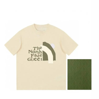 Beige t-shirt with 'The North Face Gucci' logo on a white background