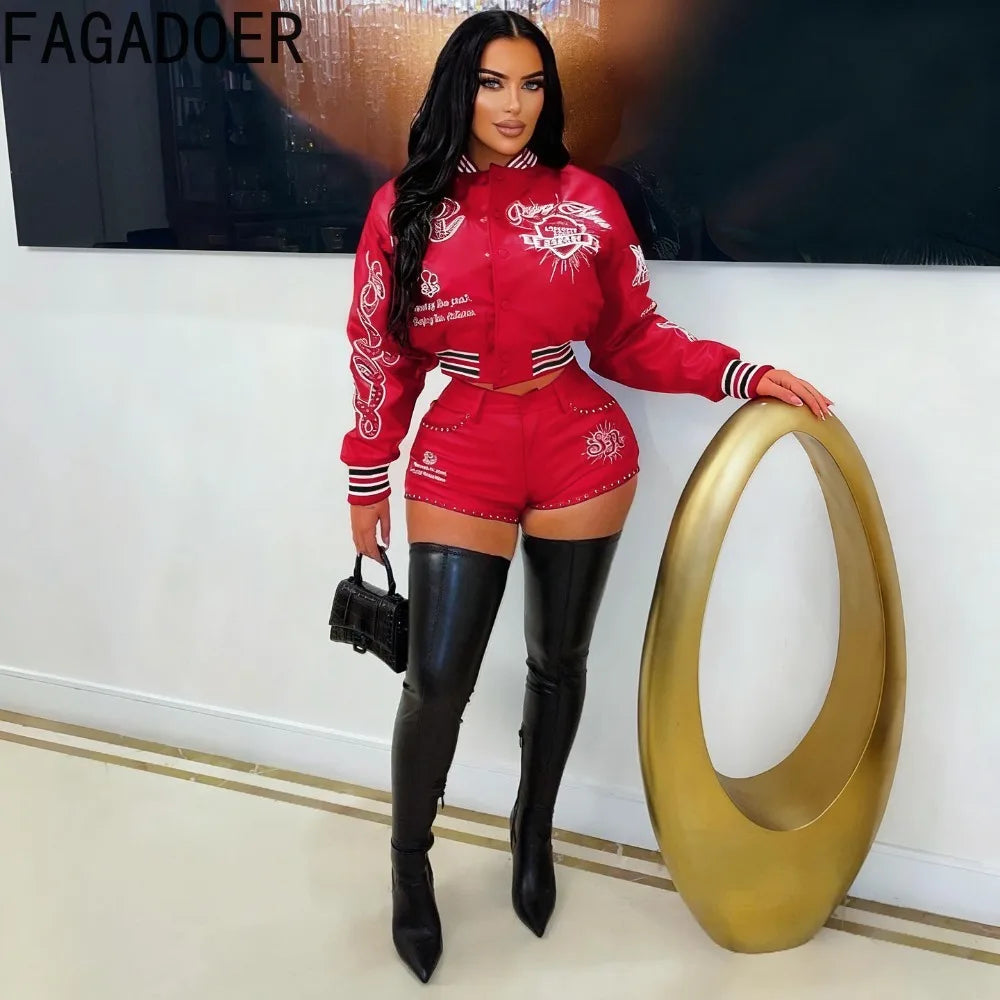 FAGADOER Fashion Letter Embroidery Two Piece Outfits Woman Long Sleeves Leather Patchwork Crop Top and Shorts Female Streetwear
