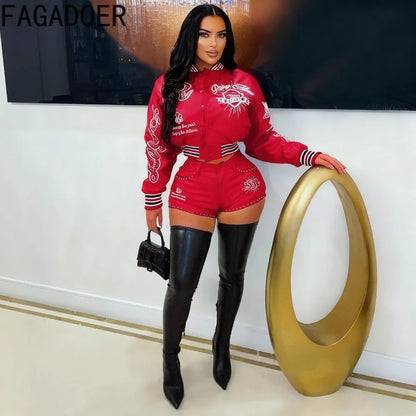 FAGADOER Fashion Letter Embroidery Two Piece Outfits Woman Long Sleeves Leather Patchwork Crop Top and Shorts Female Streetwear