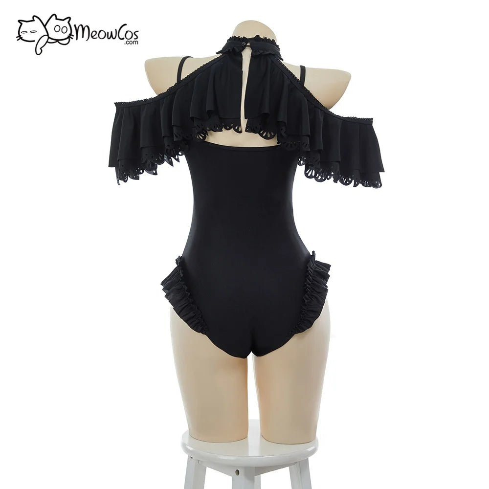 MEOWCOS Damen Gothic Schwarz Viktorianischer Vintage-Stil Neckholder Einteiler Badeanzug mit Neckholder Rüschen-Tuch Bademode