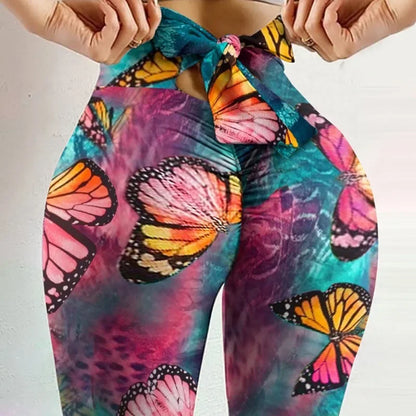 High Waist Sexy Schmetterlingsdruck Leggings Schleife Yoga Hose Schleifen Bandage Tights Damen Po Push-up Sport Fitness Yoga Legging