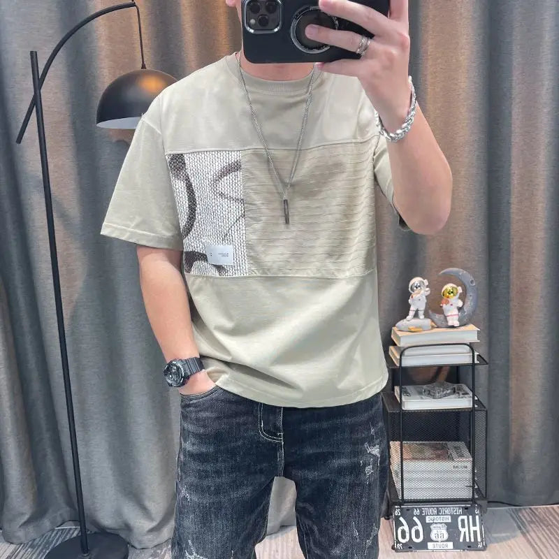 Herren Kurzarm T-Shirt 2025 Sommer Neue Mode Halbarm Casual Patchwork Herrenbekleidung Trend