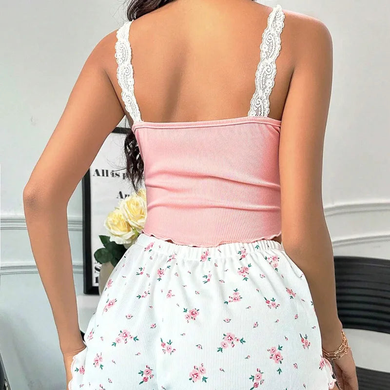 2025 women's sexy lace lace vest shorts sleepwear women's slim fit two-piece home outfit new product pink coffee blue