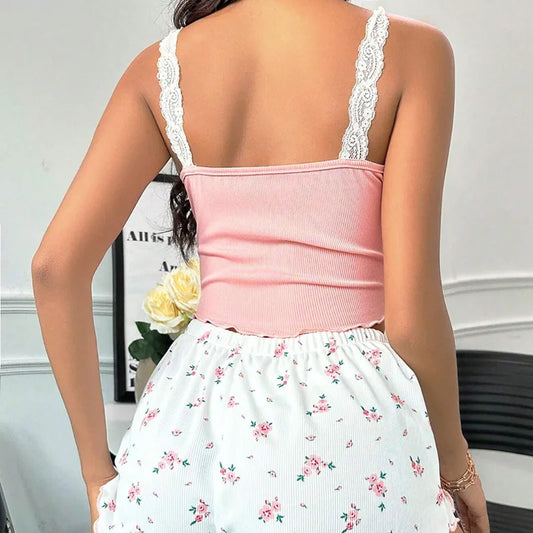 2025 women's sexy lace lace vest shorts sleepwear women's slim fit two-piece home outfit new product pink coffee blue