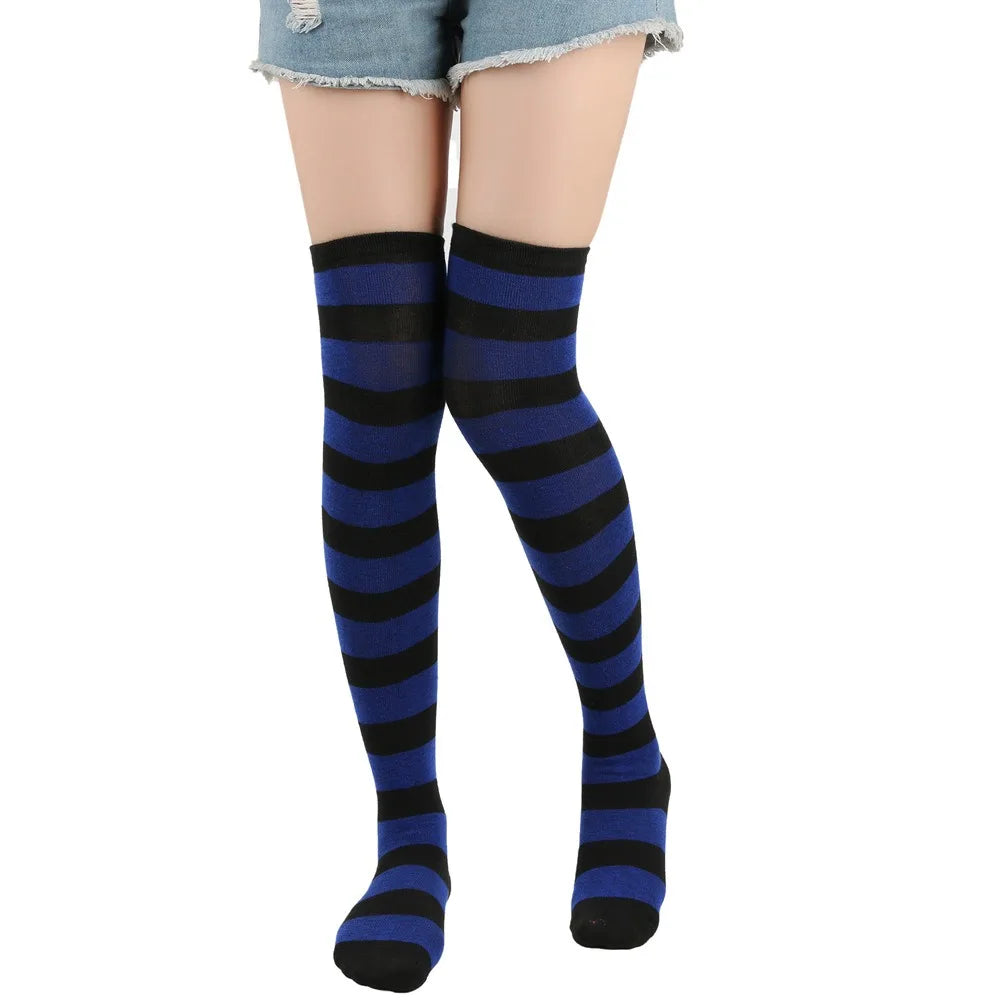 1 Paar stylische knielange JK-Socken, Damen-Streifensocken, hohe Socken, Mädchen-Oberschenkel-Socken. Mehrfarbige gestreifte niedliche Socken