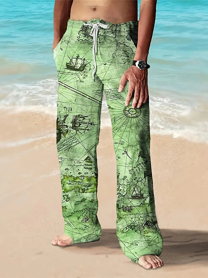 Men's Casual Linen Cotton trousers, Summer Ethnic Printed Beach pants, retro, mid-waist, zippered, Large Size Ropa Hombre