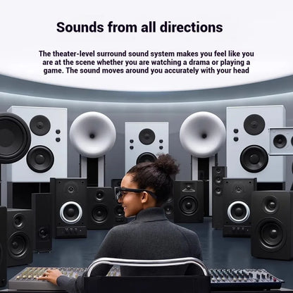 Person sitting in front of a surround sound system with text describing the theater-level surround sound system.