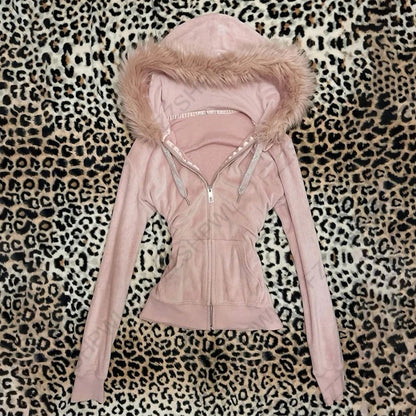 Aesthetic Women's Fur Collar Hoodie Sexy Slim Chic Casual Solid Color Cardigan Sweatshirt Goth Punk Rock Streetwear