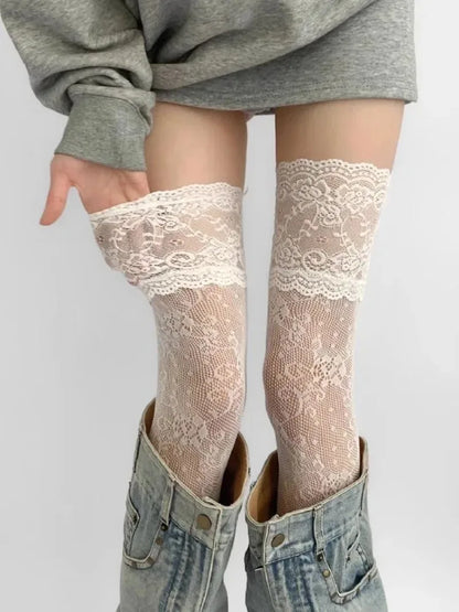 Women's Sexy Lace Floral Fishnet Thigh High Stockings | JK Lolita Over Knee Nylon Mesh Socks