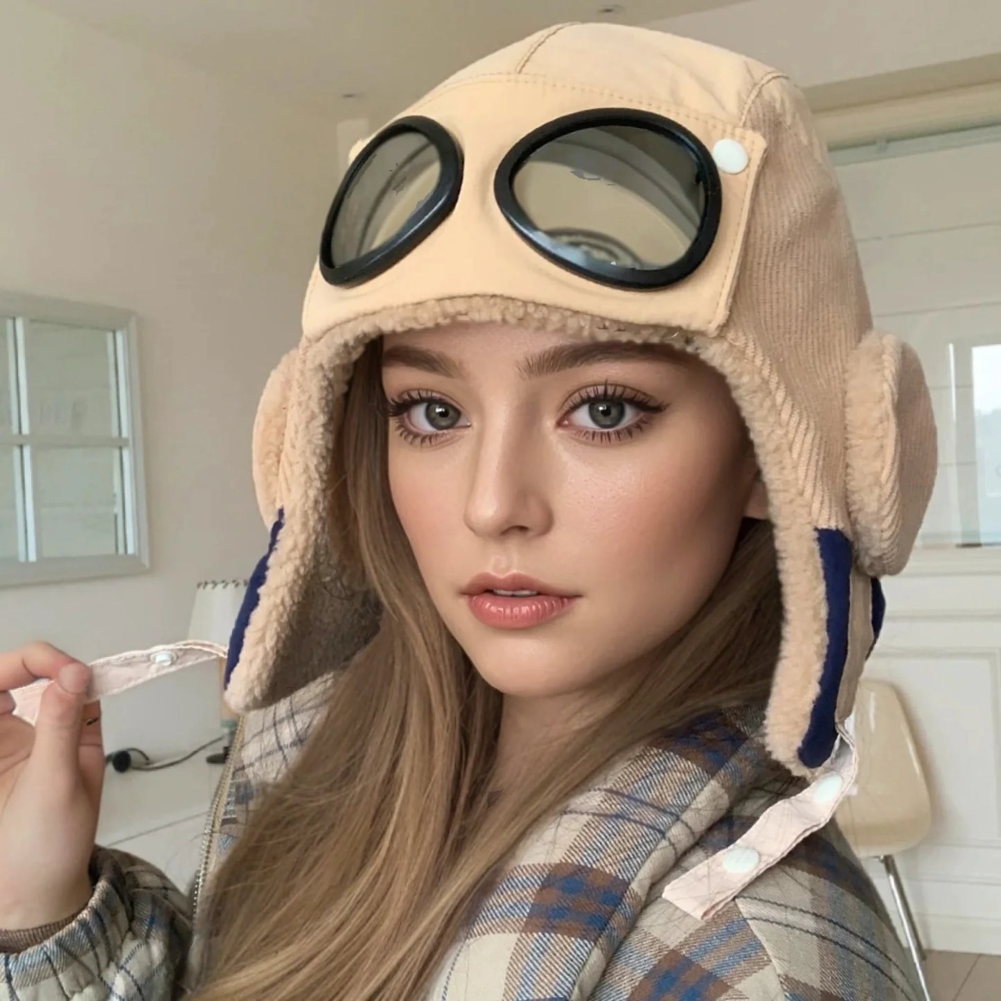 Neue Damen Warme Bombermützen mit Brille Plüsch Fell Wintermütze mit Ohrenklappen Winter Dandy Cap für Frauen