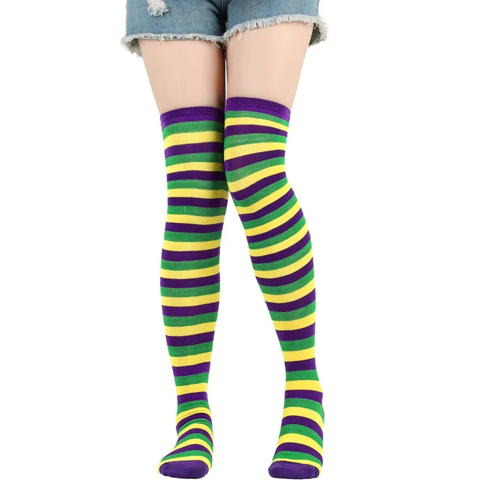 1 Paar stylische knielange JK-Socken, Damen-Streifensocken, hohe Socken, Mädchen-Oberschenkel-Socken. Mehrfarbige gestreifte niedliche Socken