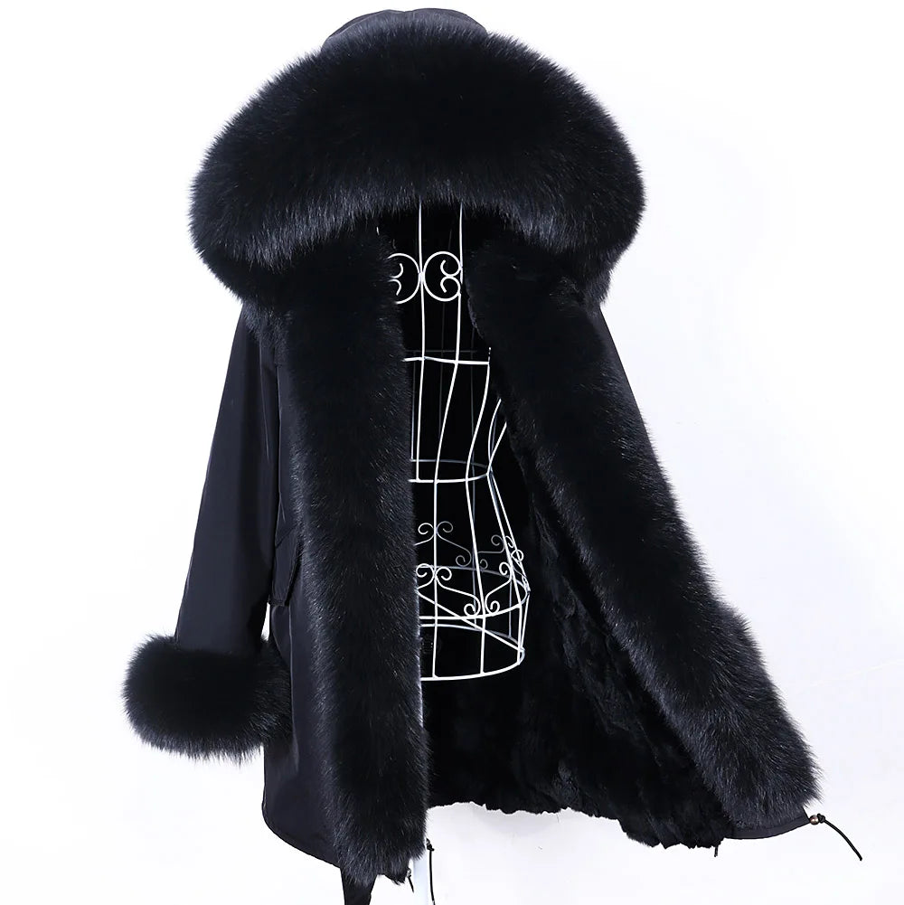MAOMAOKONG 2023 Abnehmbarer Echtfuchs Pelzkragen Mäntel Damen Winterjacke Kapuze Kaninchenfellfutter Lange Parkas Damenbekleidung