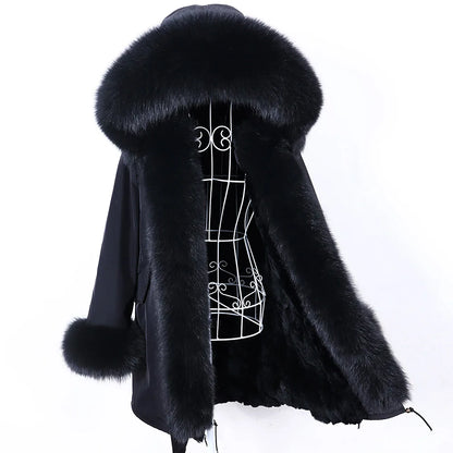 MAOMAOKONG 2023 Abnehmbarer Echtfuchs Pelzkragen Mäntel Damen Winterjacke Kapuze Kaninchenfellfutter Lange Parkas Damenbekleidung