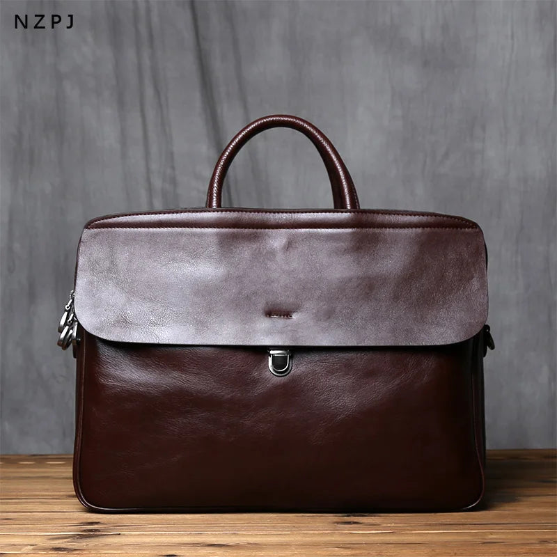 Echtes Leder Herren Aktentasche Vintage Natur Rindsleder Handtasche Große Kapazität Umhängetasche Lässige Mode Computertasche