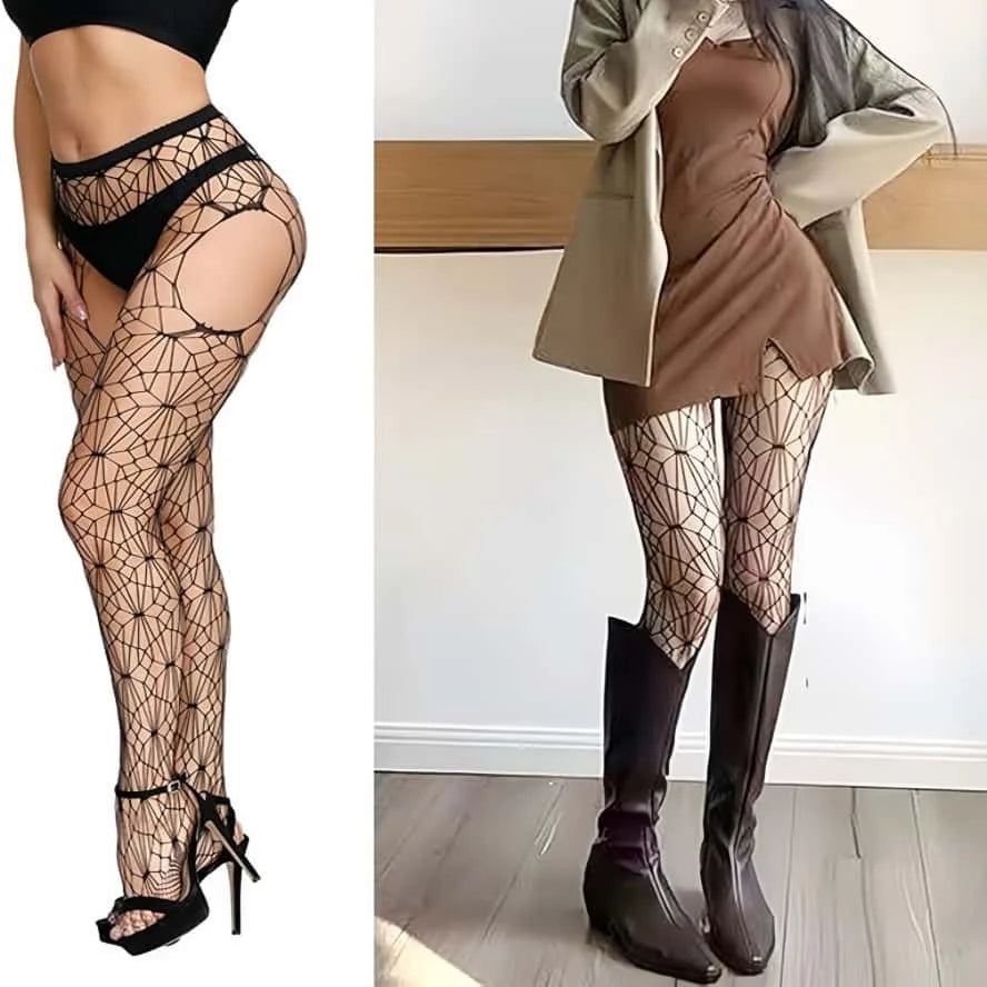 Geometric patterned stockings worn by a person indoors.