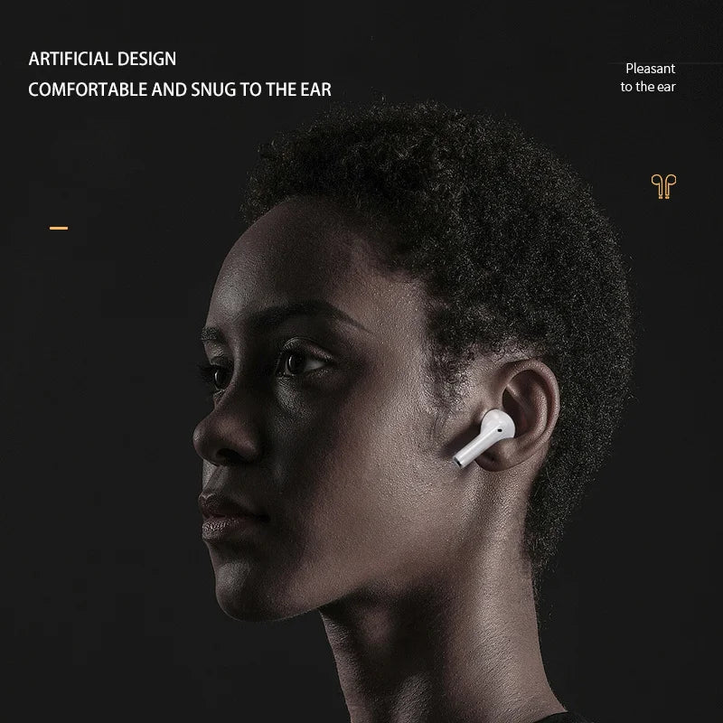 Person wearing a white earbud with text about comfort and design on a dark background