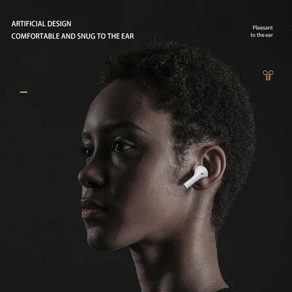 Person wearing a white earbud with text about comfort and design on a dark background