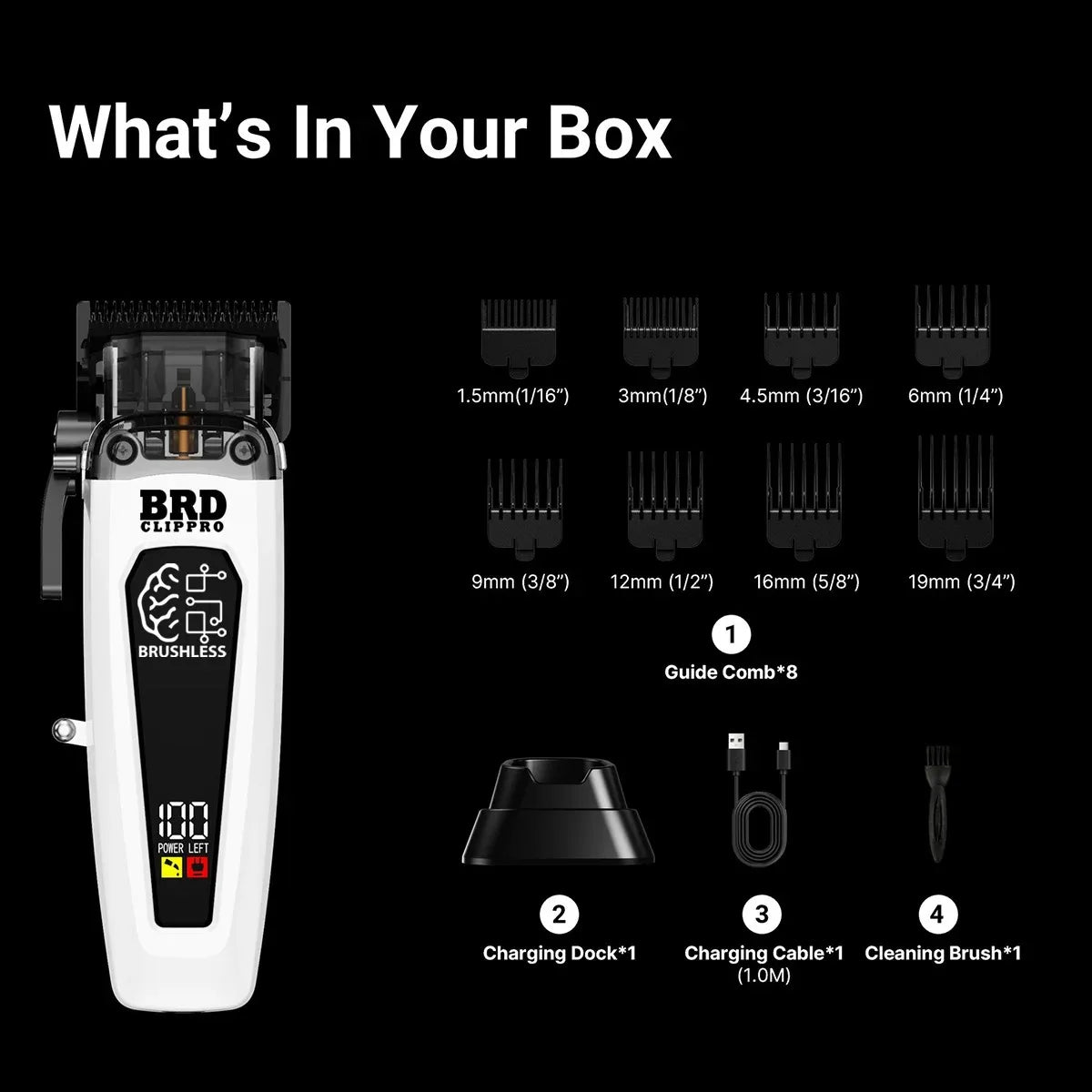 BRD Clipper grooming tool with accessories on a black background