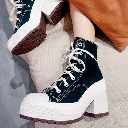 Women's Platform Canvas Sneakers Luxury Heels Lace Up Skateboard Shoes