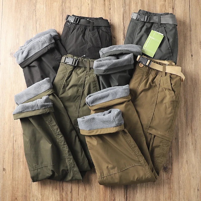 Outdoor-Arbeitshose Herren Loose Fleegefutter Dicke Softshell-Wanderhose Winddicht Wasserdicht Polyesterfaser Gerades Bein