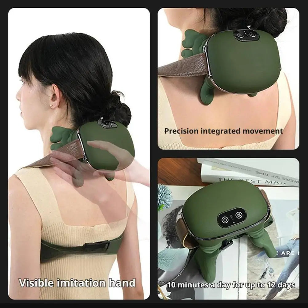 Green neck and shoulder massager being used on a person, with close-up details and text on precision and usage.
