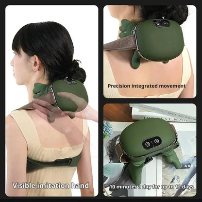 Green neck and shoulder massager being used on a person, with close-up details and text on precision and usage.