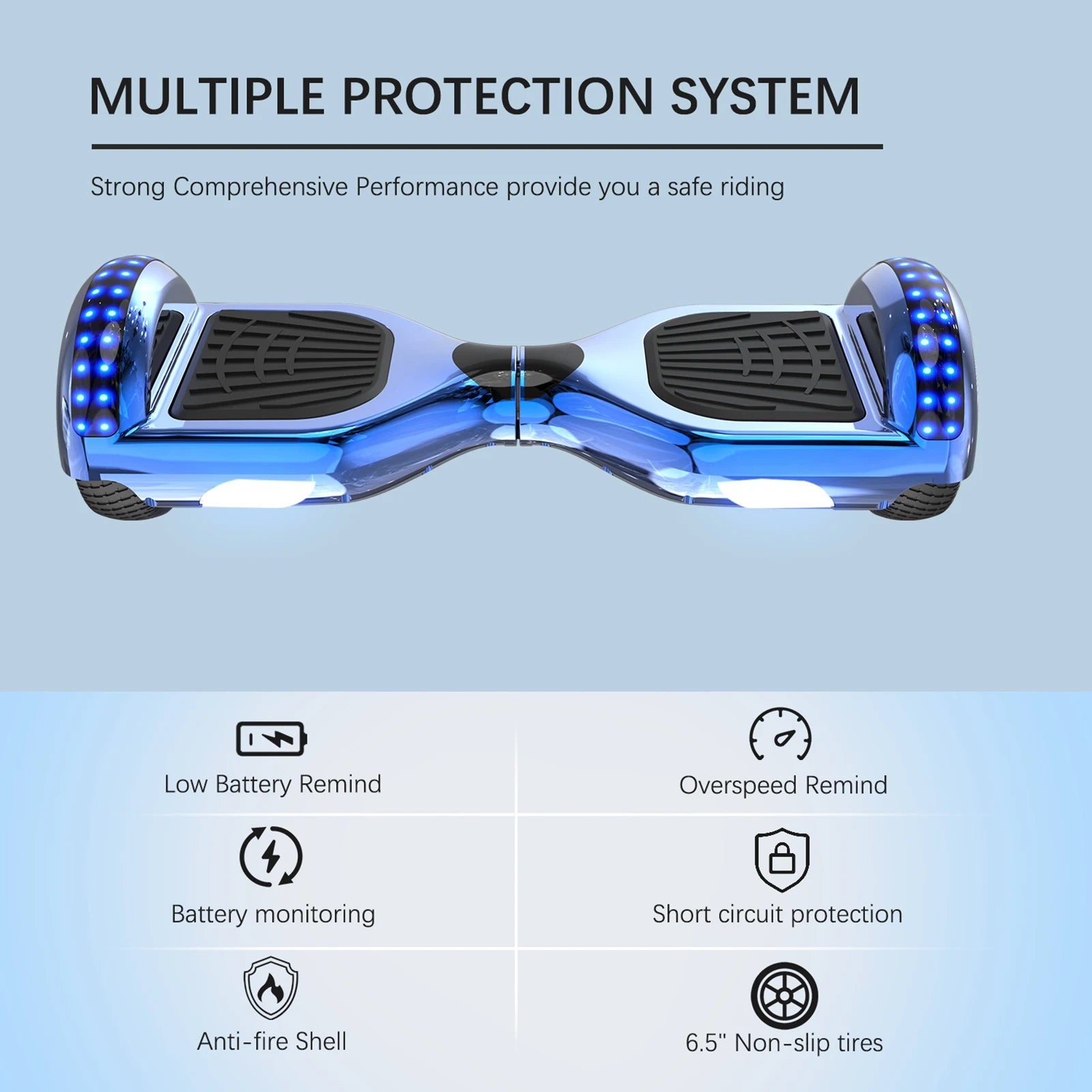 Blue hoverboard with safety features on a light blue background
