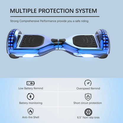 Blue hoverboard with safety features on a light blue background