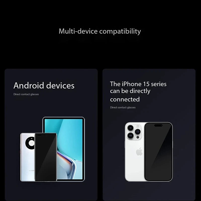 Comparison of Android devices and iPhone 15 series on a black background with text about compatibility.