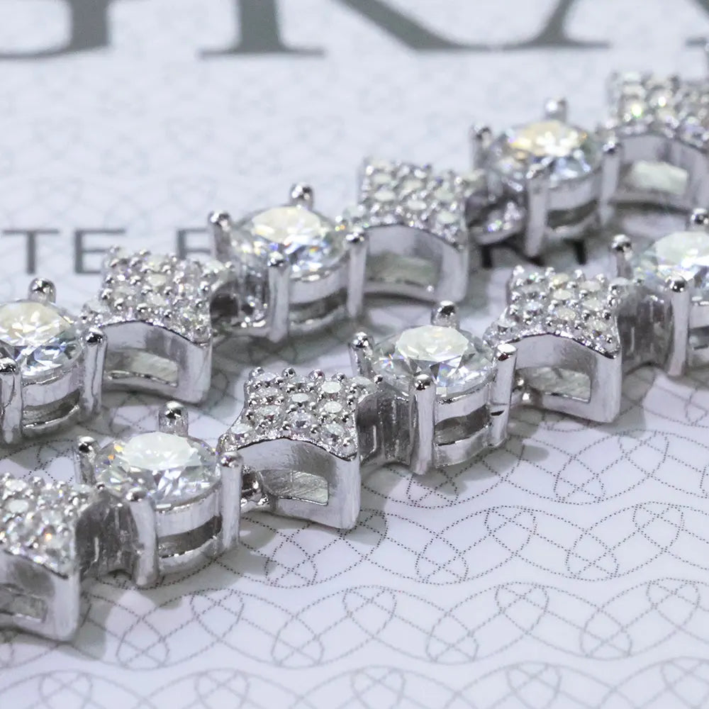 Silver jewelry with star-shaped gemstones on a textured surface