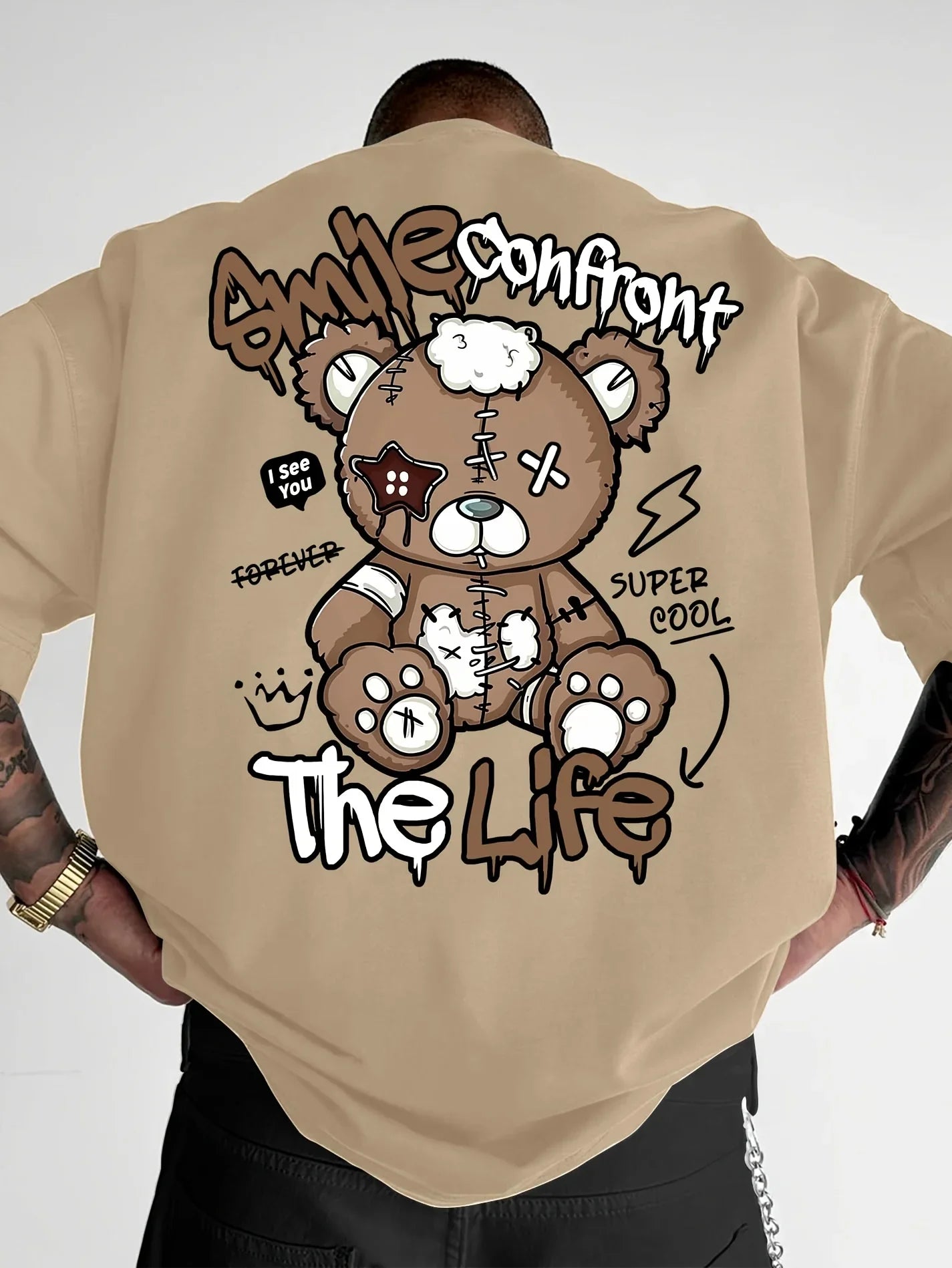 Summer's new fashionable men's Teddy bear letter printed comfortable and breathable neck T-shirt with outdoor high street top