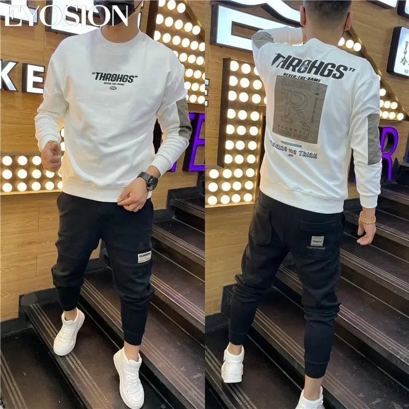 Herbst Herren Sweatshirt Pullover Buchstaben-Druck Rundhals Slim Fit Verdicken Hoodie Langarm Freizeit Sweatshirt Herren Oberteile