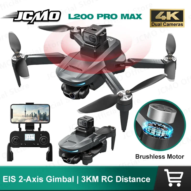 JCMO L200 Pro Max drone with 4K dual cameras, brushless motor, and remote control on a white background.
