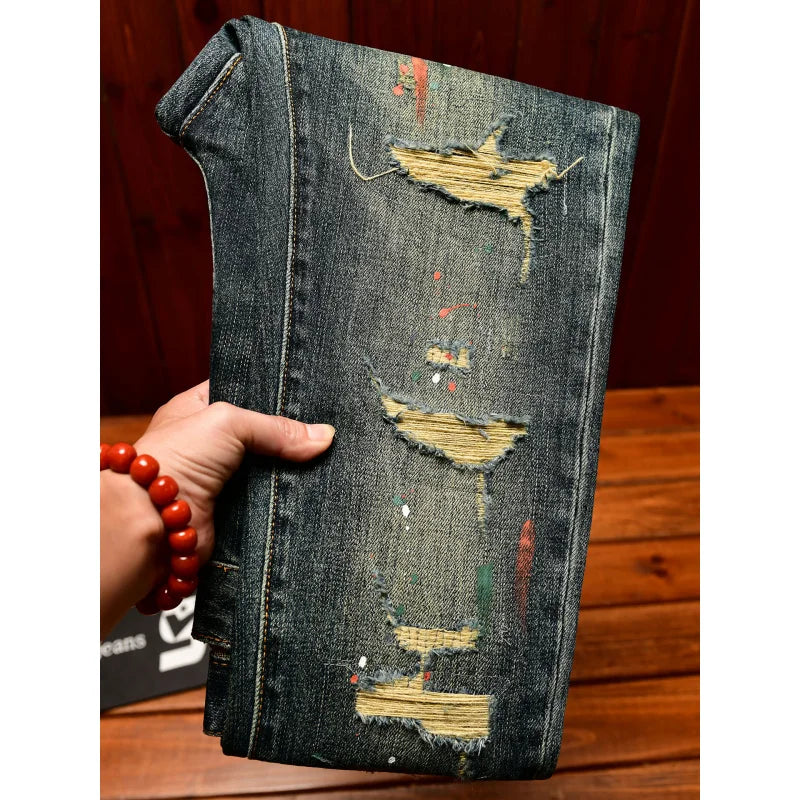 Men's Retro Patch Jeans – Paint Print Slim Denim