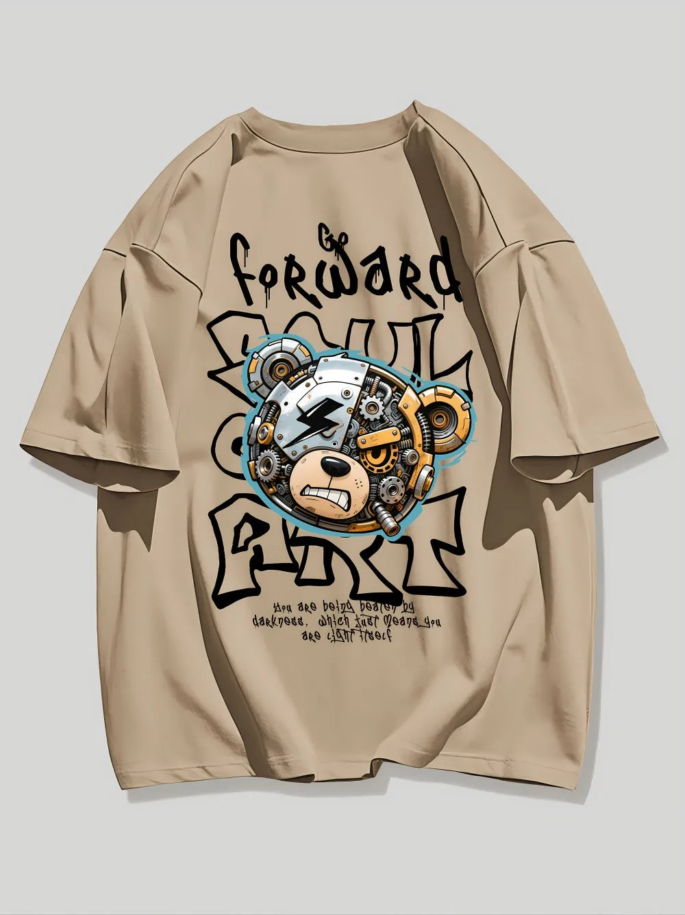 Beige t-shirt with graphic design featuring a bear and text on a light gray background