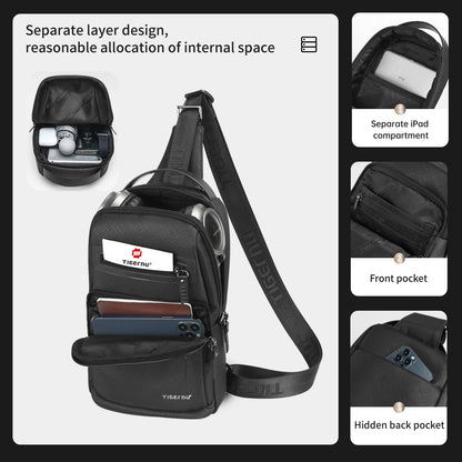 Black sling bag with various compartments and a visible brand logo on a white background.