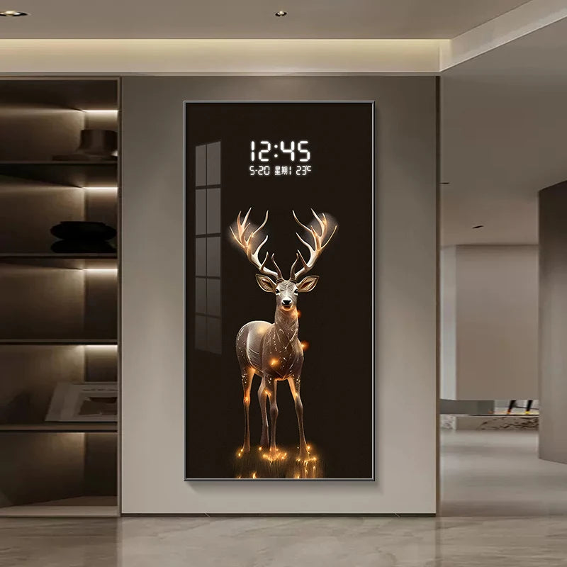Digital clock with deer design on a wall in a modern interior setting