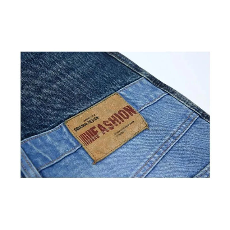 Close-up of a denim fabric with a 'Blue Fashion' label on a white background