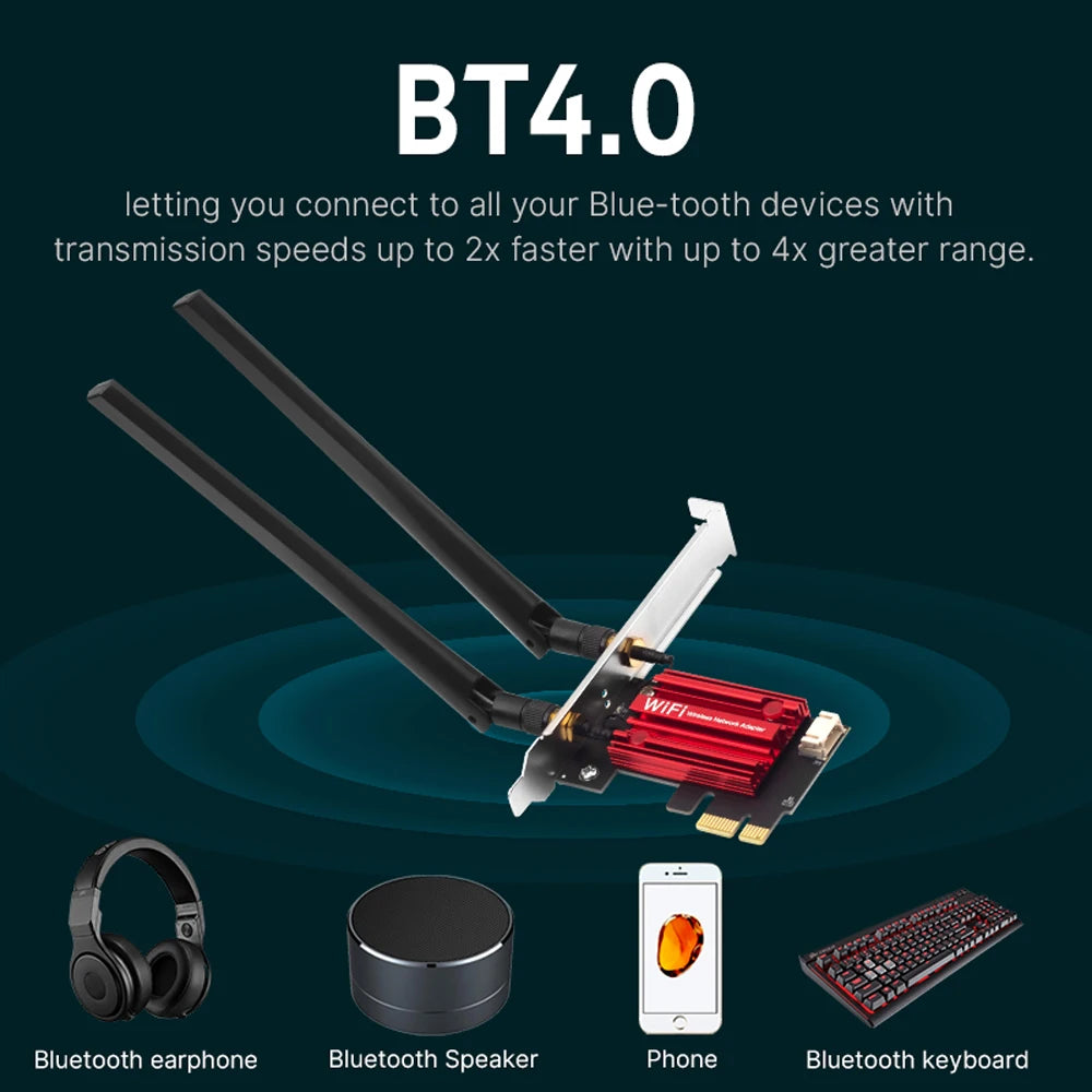 PCIe WiFi card with Bluetooth 4.0 capabilities on a dark background
