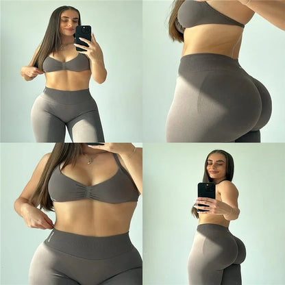 2Pcs Women's Gym Yoga Set Seamless High Waist Leggings Sports Bra Top Workout Outfit Fitness Activewear Running Training Clothes