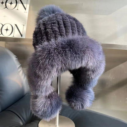 Real Mink Fur Hatfor Women Woven Fur Fisherman Hat With Fox Fur Ball  Thickened Warm Ear Protection Hat Hand Beanies Bonnets Cap