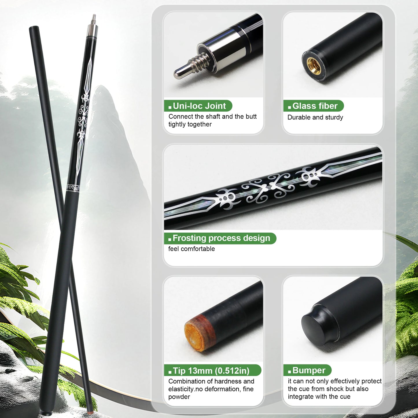 Premium 1/2 Fiberglass Billiard Cue Stick - 13mm Tip Unique Pattern Sweat-Resistant Grip Essential Pool Cue for Beginners