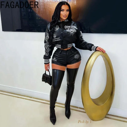 FAGADOER Fashion Letter Embroidery Two Piece Outfits Woman Long Sleeves Leather Patchwork Crop Top and Shorts Female Streetwear