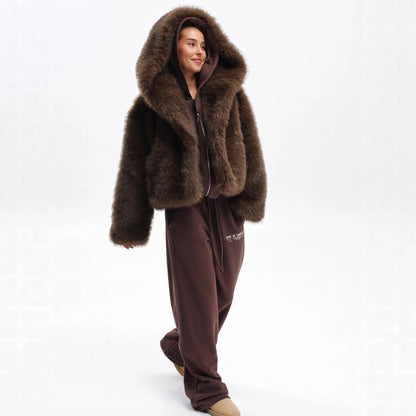 Women Faux Fur Short Coats Solid Hooded Jackets Long Sleeves Covered Button Thick Straight Office Lady Casual 2025 Autumn Winter