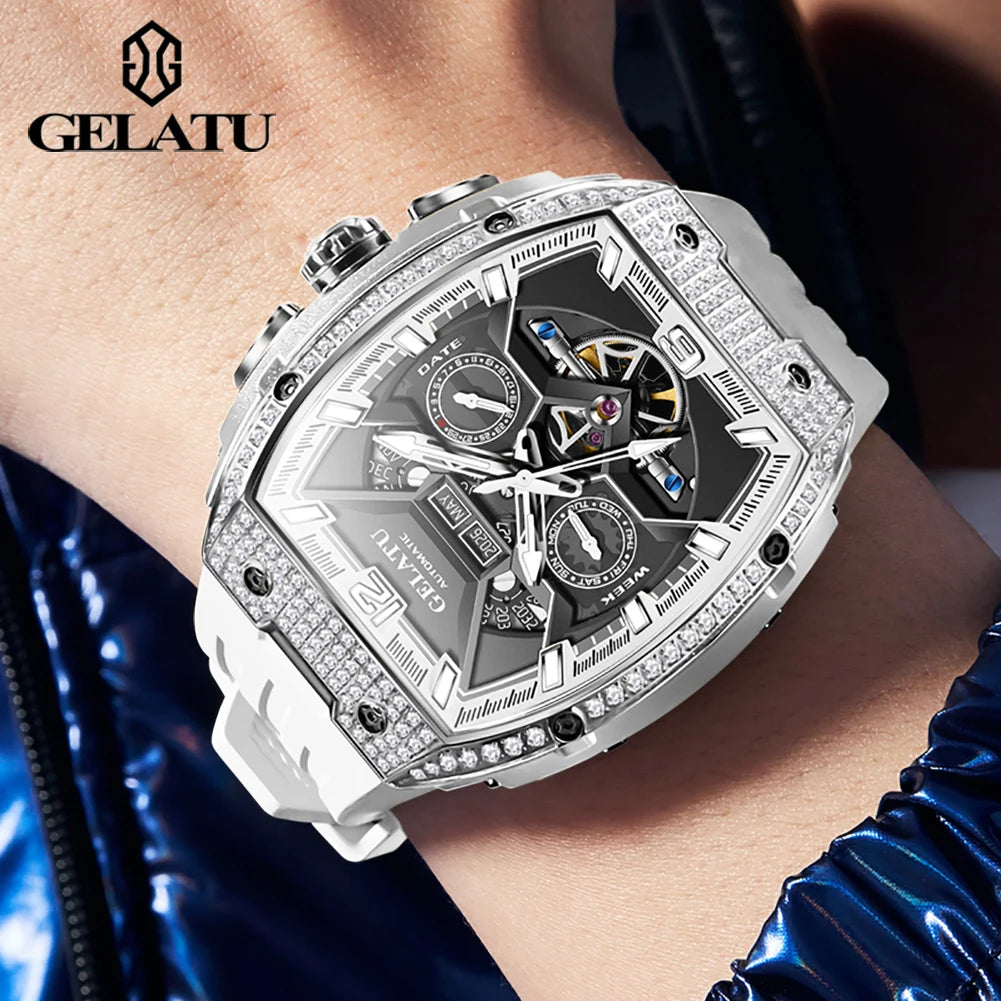 Luxury watch with intricate design on a wrist, brand 'GELATU' visible