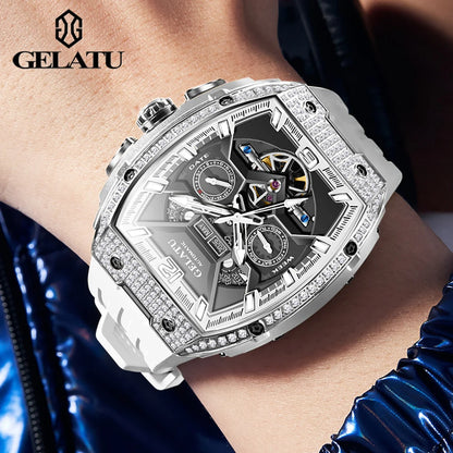 Luxury watch with intricate design on a wrist, brand 'GELATU' visible